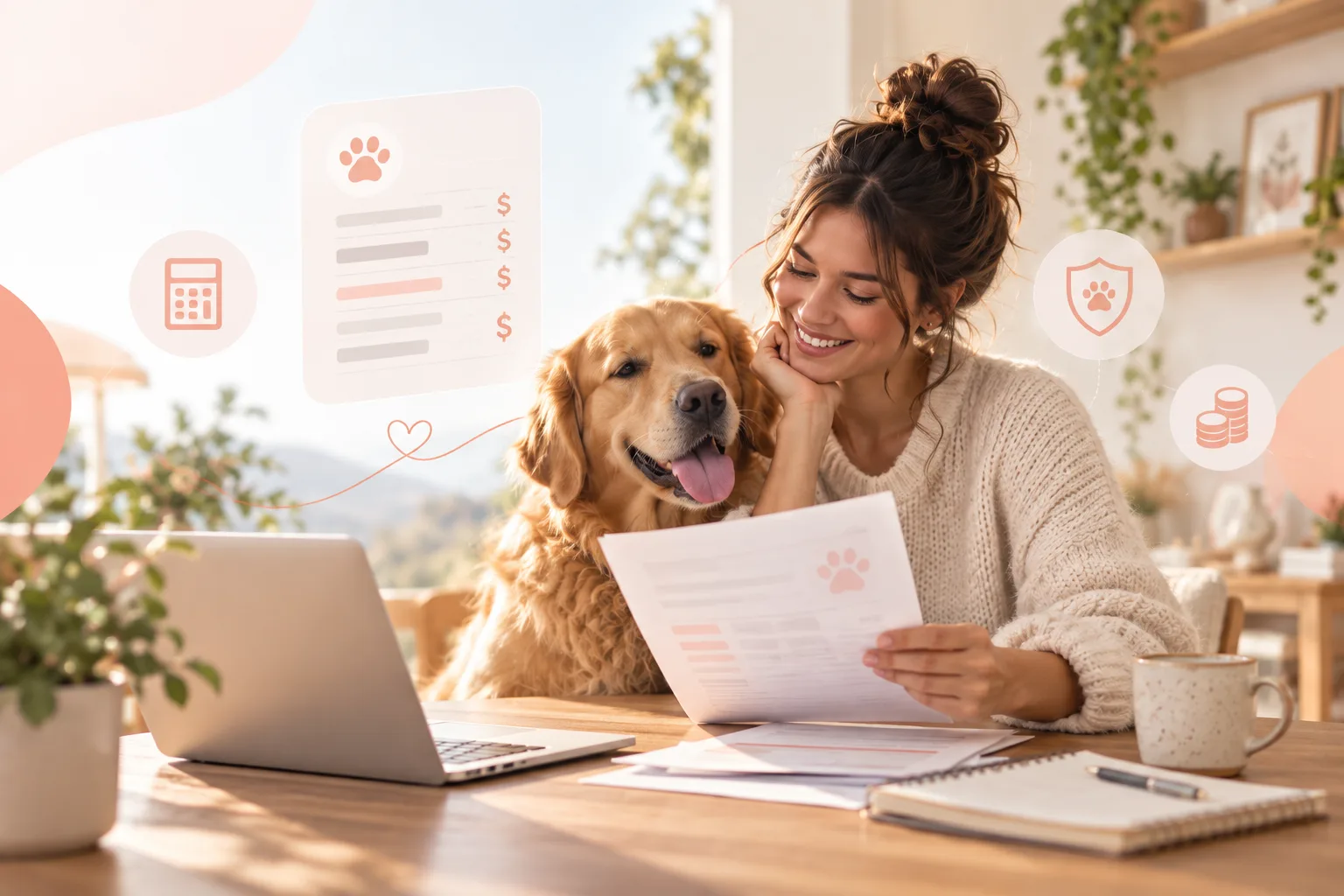 Owner with golden-colored dog reviewing paper and laptop