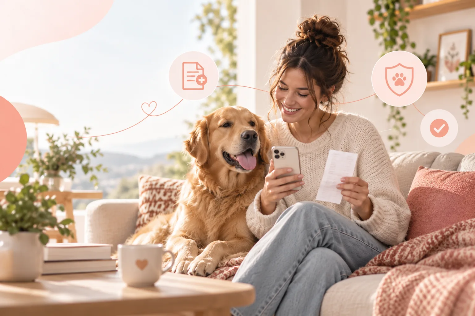 Owner with golden-colored dog holding phone and paper on sofa